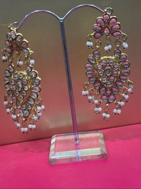 Gold Plated Pink Kundan Chandbali Earrings with White Bead Drops